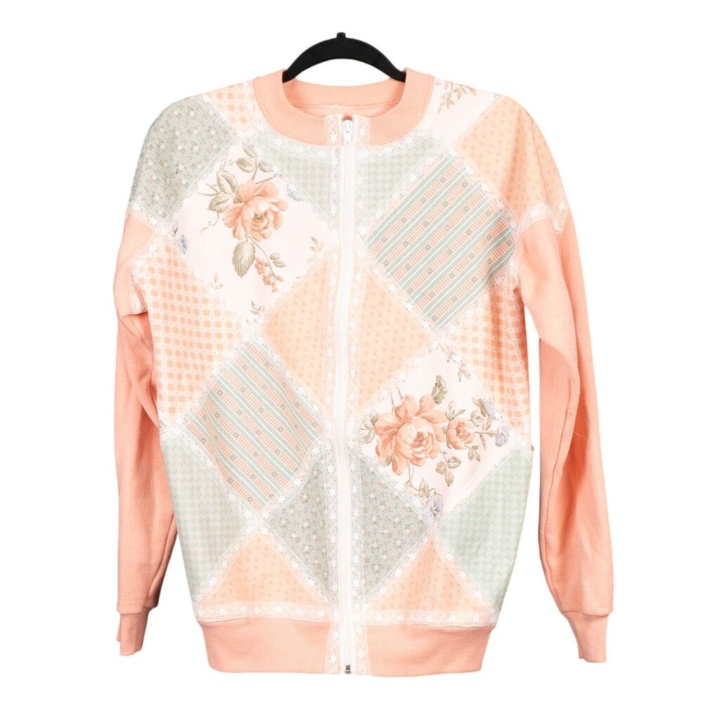Patchwork Cardigan Sweatshirt M Peach Lace Floral Zip Checked 90s Mom Grammacore